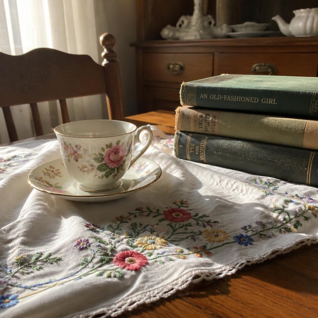 Taza de porcelana, libros viejos y un mantel bordado a mano encontrados en estate sales
