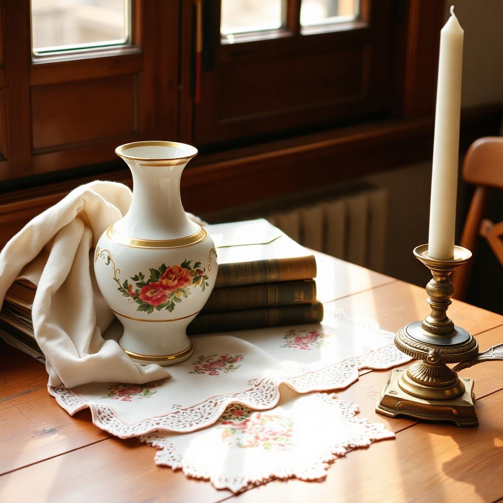 Florero de porcelana, mantel bordado, libros viejos y un candelero de bronce encontrados en estate sales