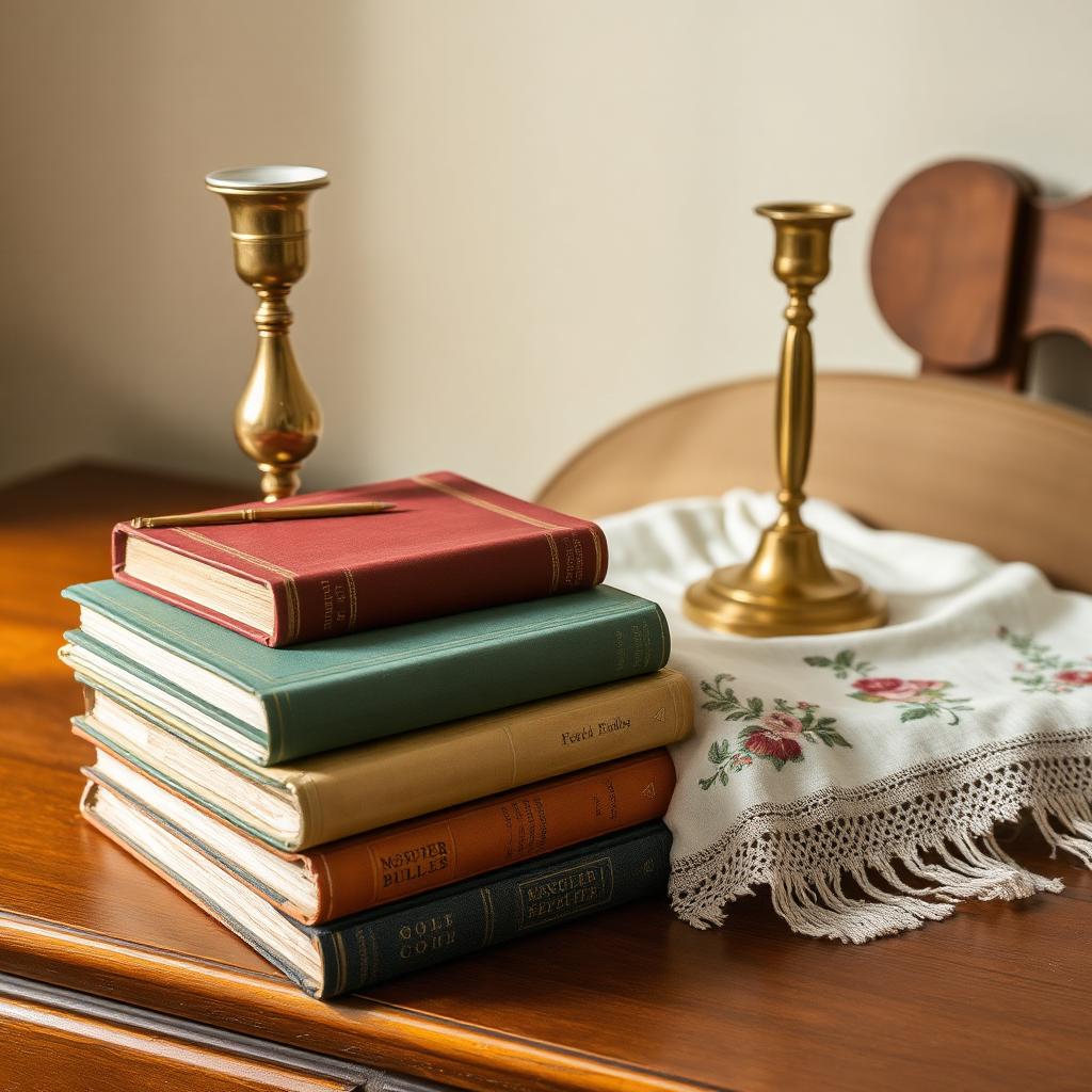 Libros viejos, candeleros de bronce y un mantel bordado