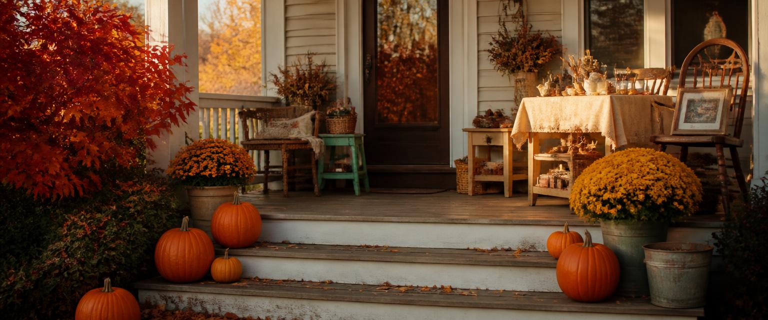 Porche de otoño con calabazas y hojas secas en una venta de casa en Carolina del Sur